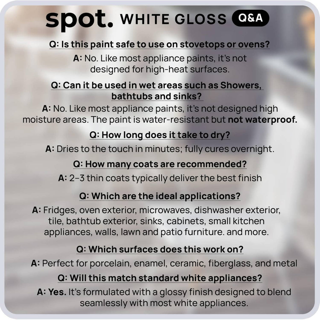 White gloss Q&A panel with answers about safe use, drying time, and ideal surfaces.