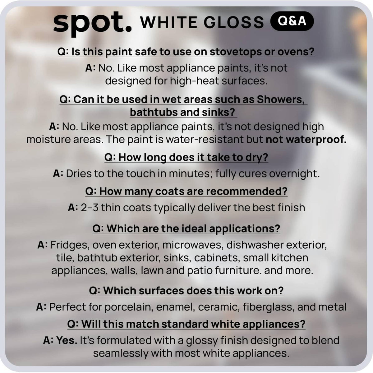 White gloss Q&A panel with answers about safe use, drying time, and ideal surfaces.