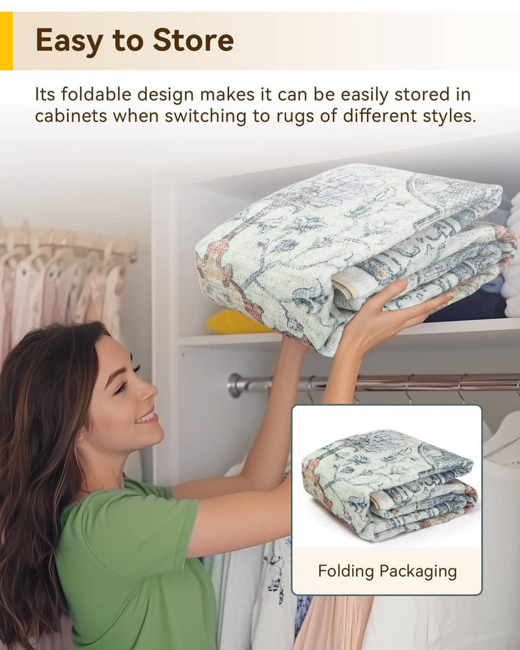 Folded washable area rug with compact storage packaging graphic