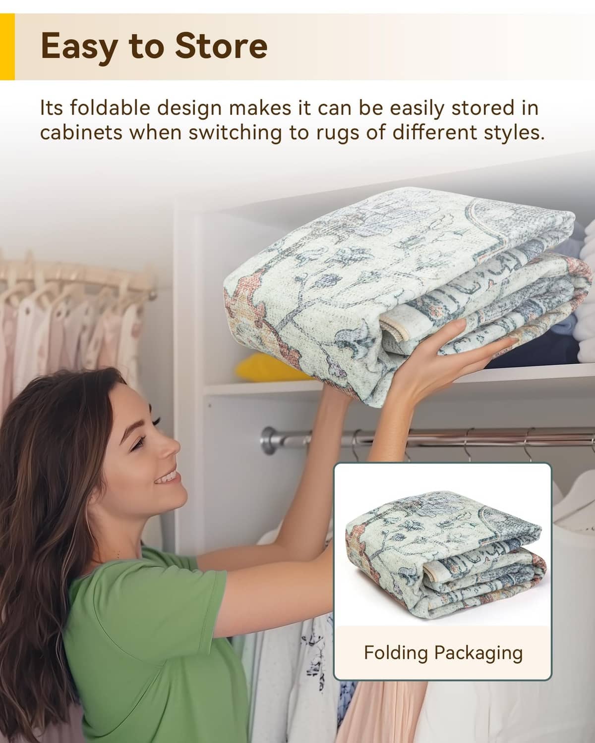 Folded washable area rug with compact storage packaging graphic
