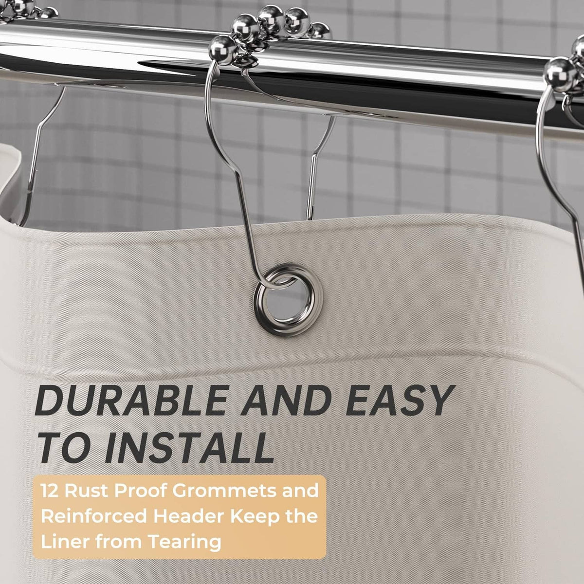 Tan shower curtain liner with metal rod rings and rustproof grommets at top