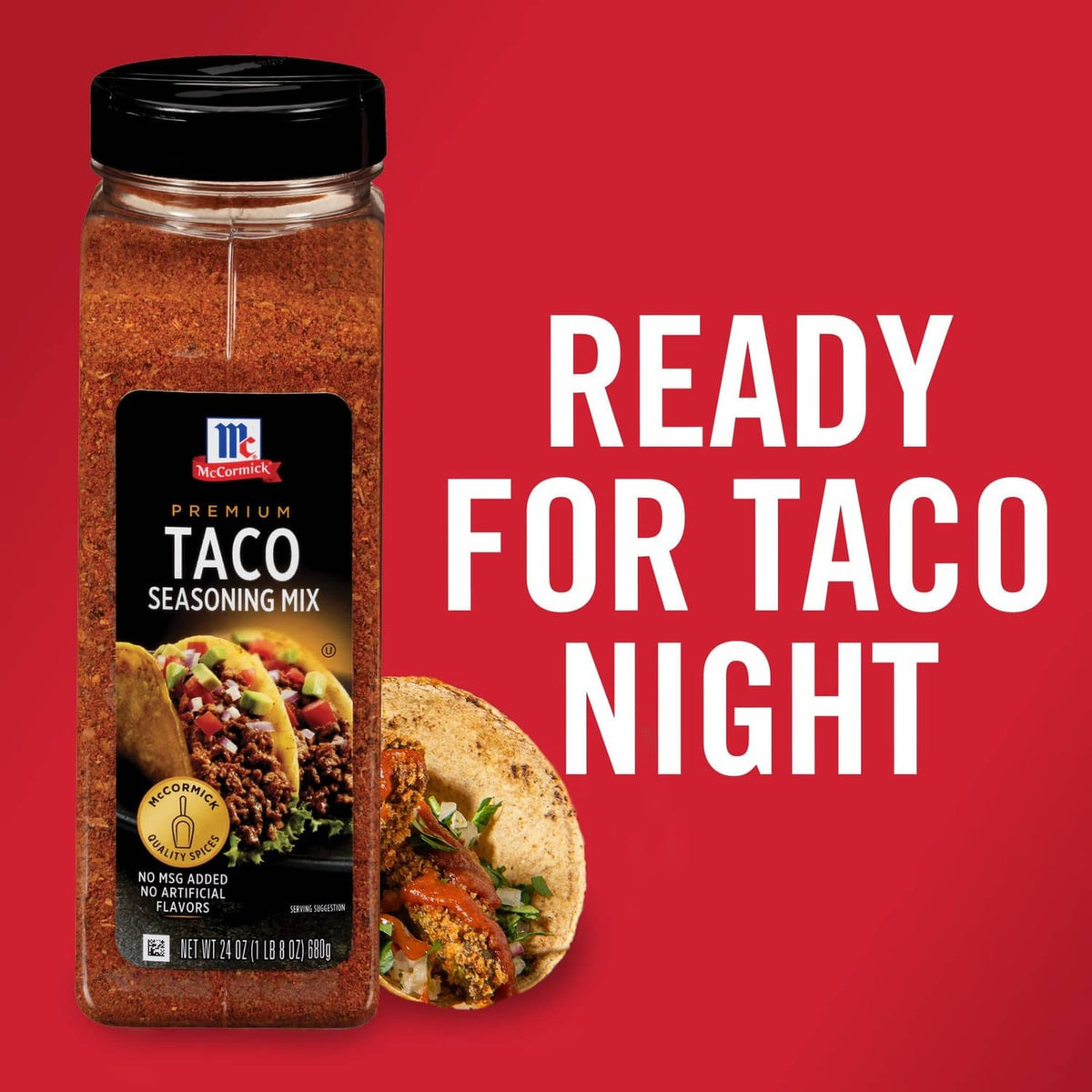 McCormick Premium Taco Seasoning Mix jar with black cap, spice mix label visible