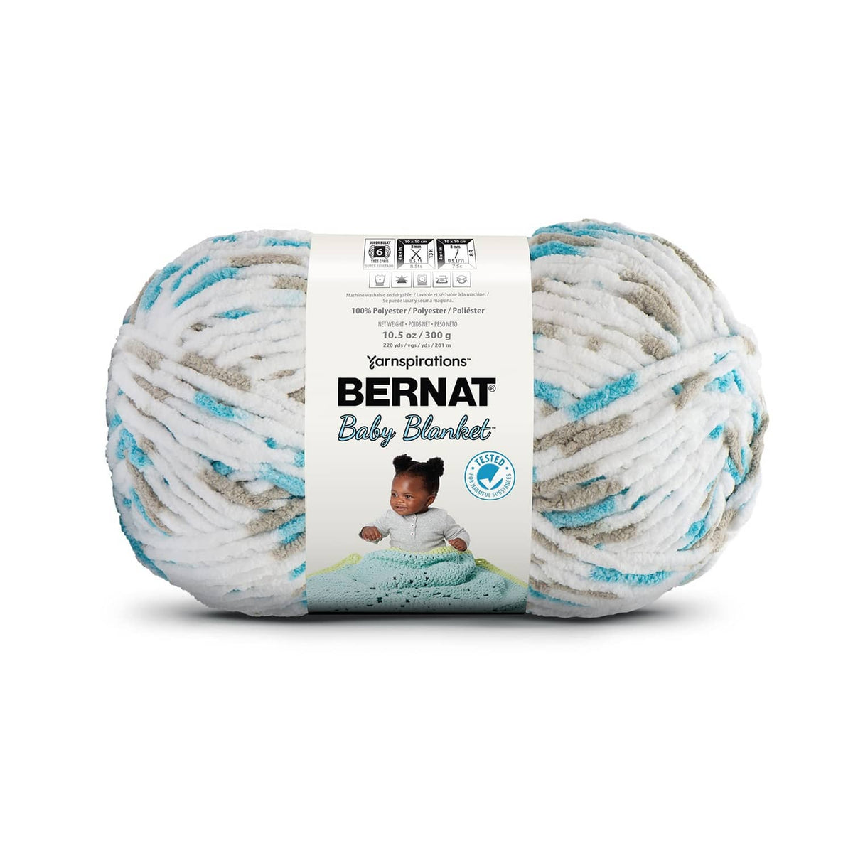Bernat Baby Blanket yarn skein in white with light teal speckles and band label
