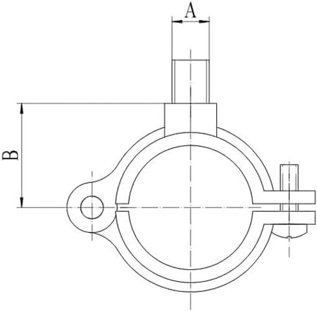 Pipe hanger split ring mounting dimensions diagram, labeled A and B