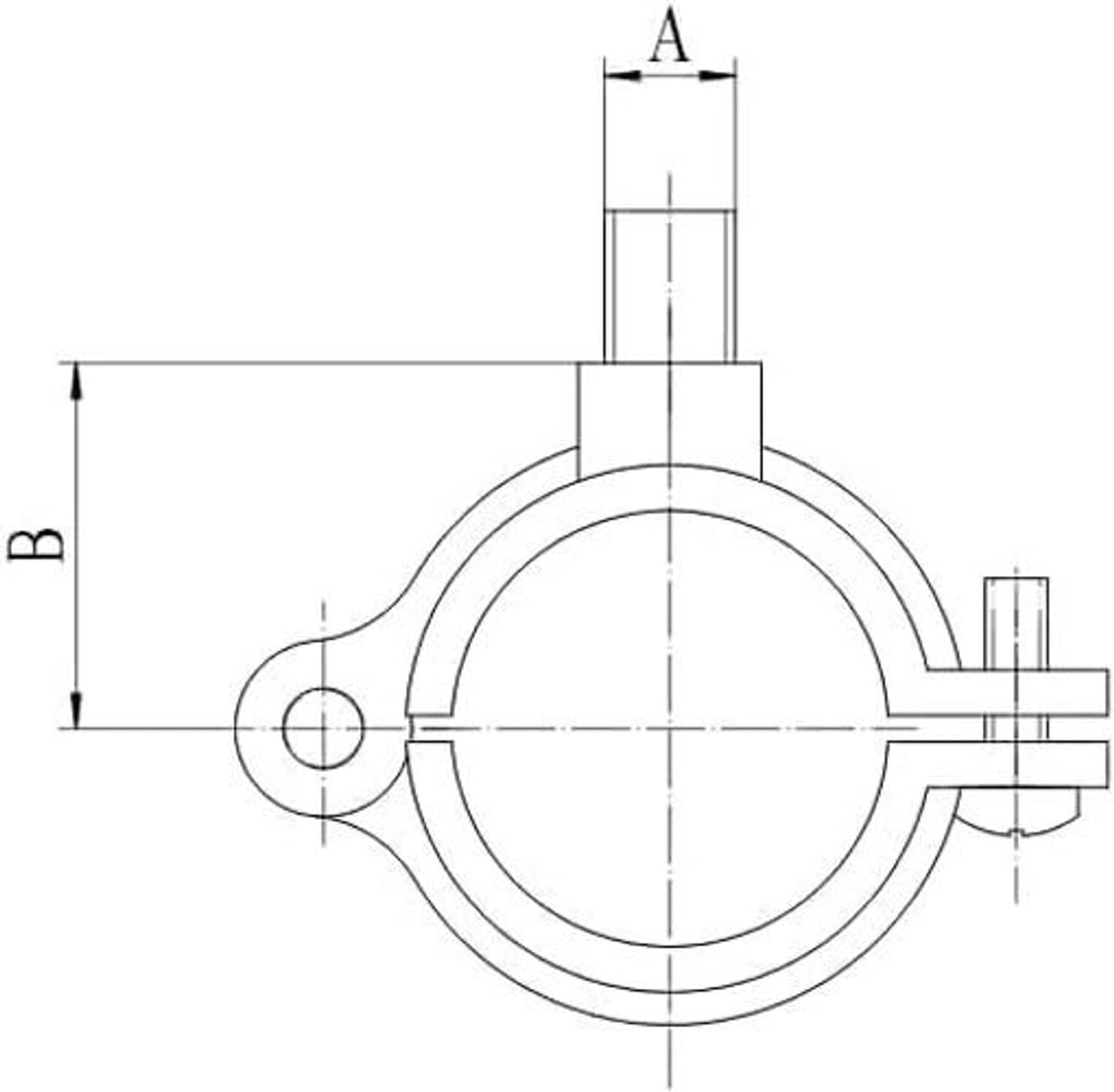 Pipe hanger split ring mounting dimensions diagram, labeled A and B