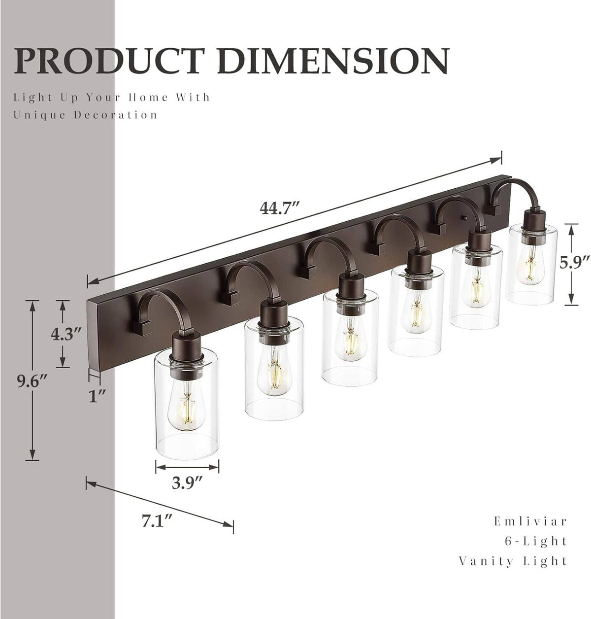Vanity light dimensions diagram with dark bronze bar and six clear glass shades