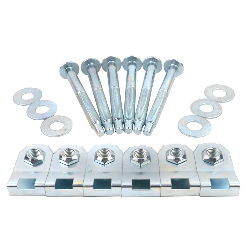 Truck bed mounting hardware kit with bolts, round washers, and metal mounting rail