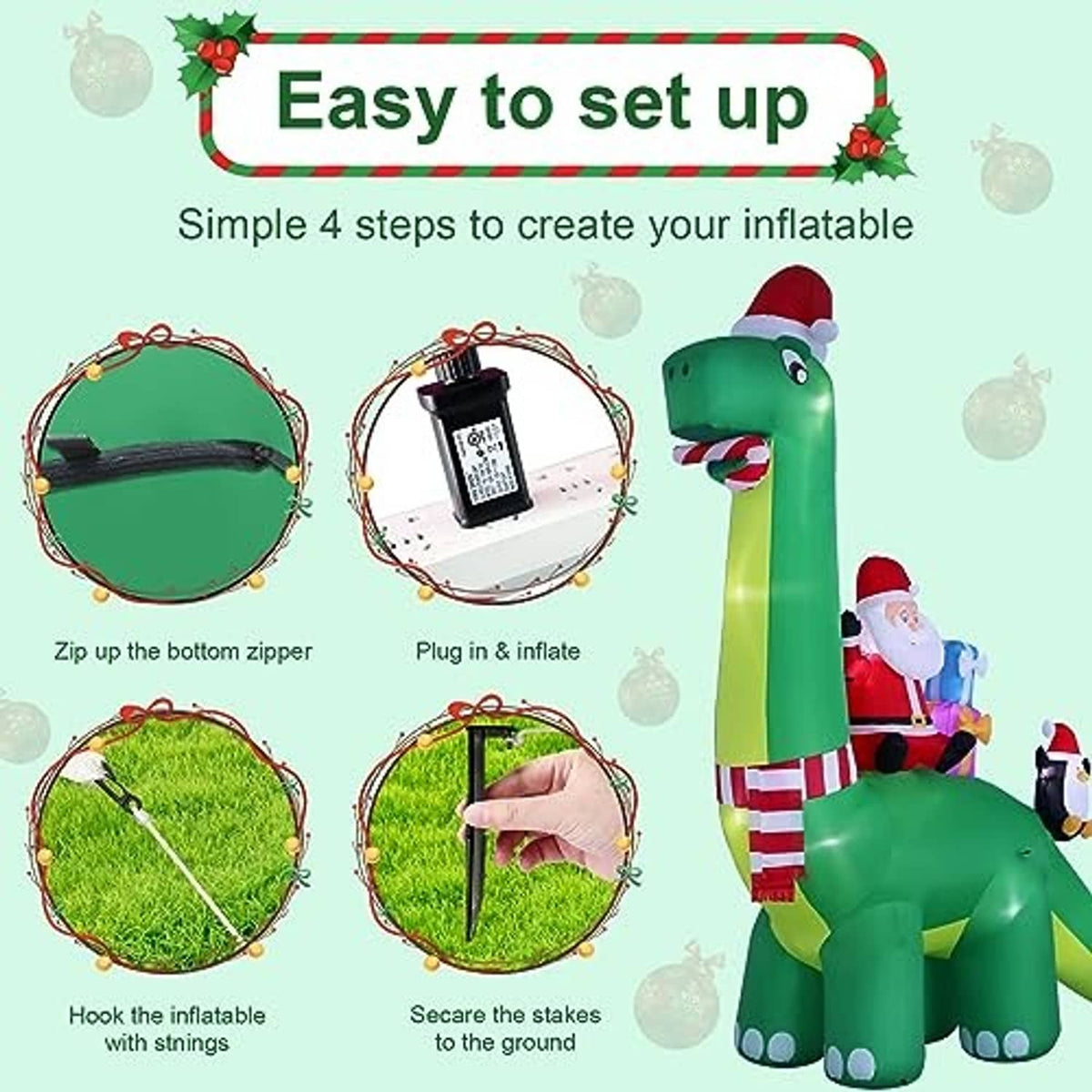 Inflatable dinosaur decoration with Santa; setup steps showing stakes and blower parts