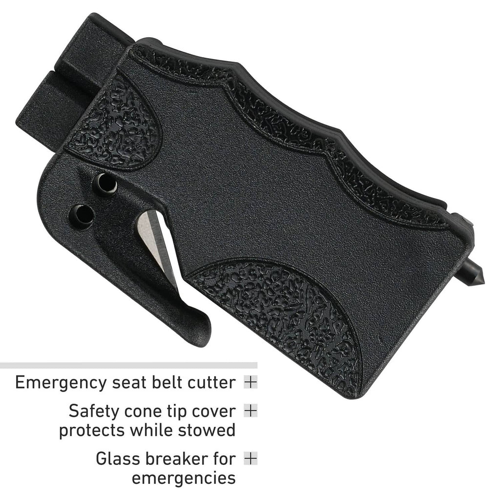 Black emergency seatbelt cutter with recessed blade and textured grip