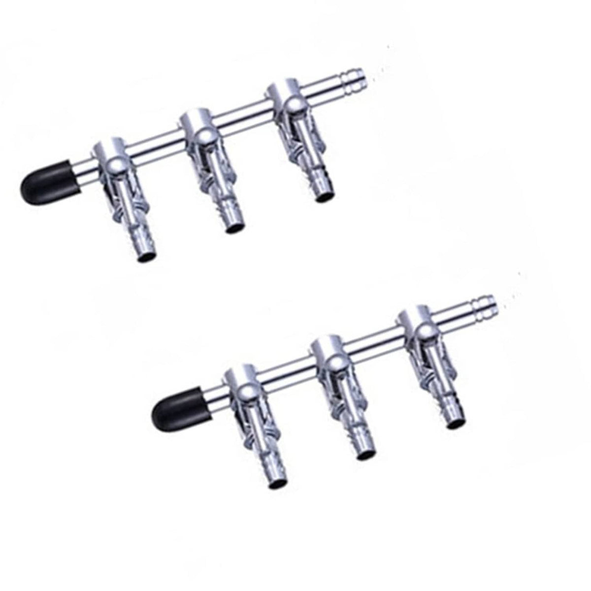 3-way aquarium air line control manifold with three silver valves and black adjustment knobs