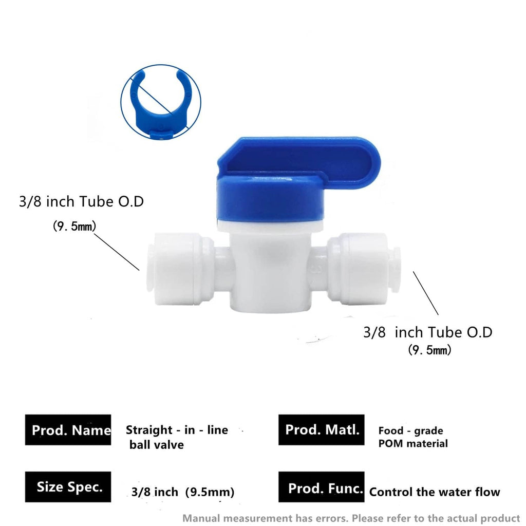 Inline shut-off ball valve with blue lever and three white tube connectors