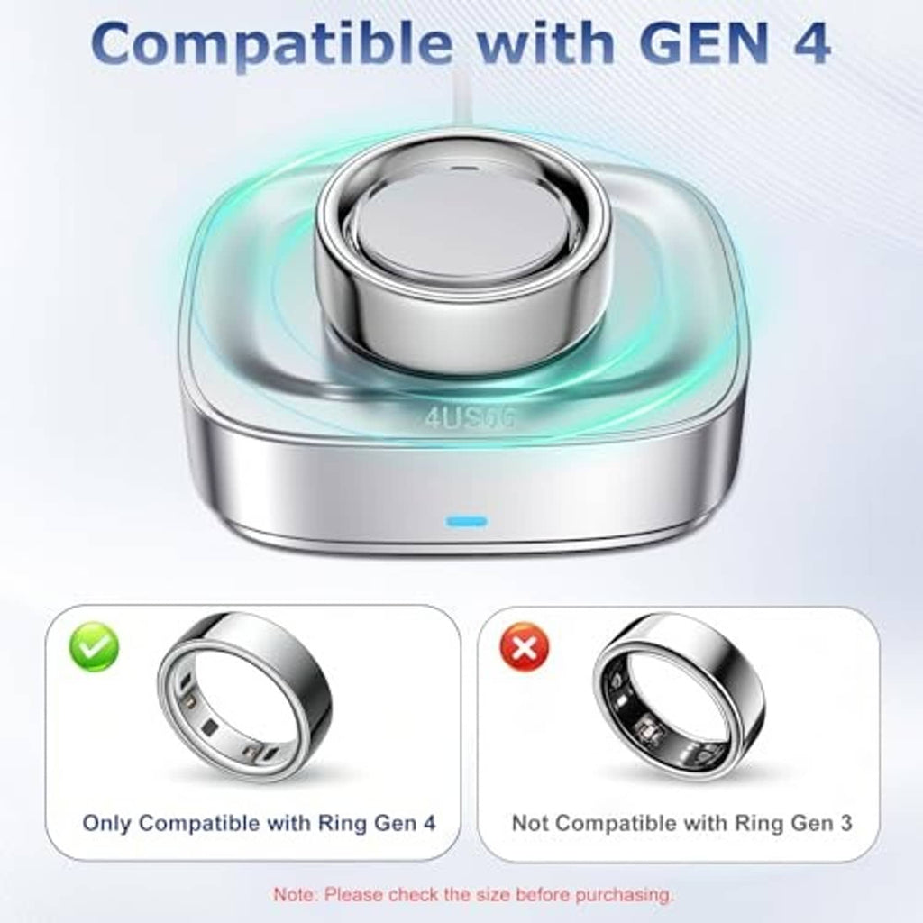 Silver ring charger dock with centered charging cradle and green power glow