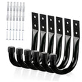 Set of six black metal U-shaped wall hooks with mounting plates and screw holes