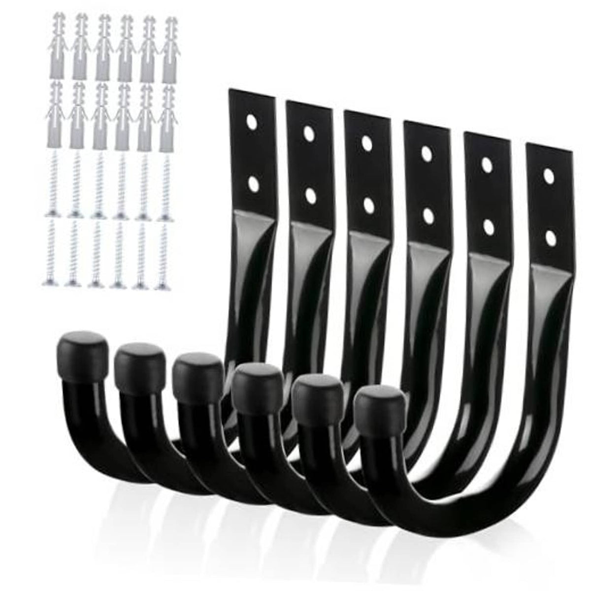 Set of six black metal U-shaped wall hooks with mounting plates and screw holes