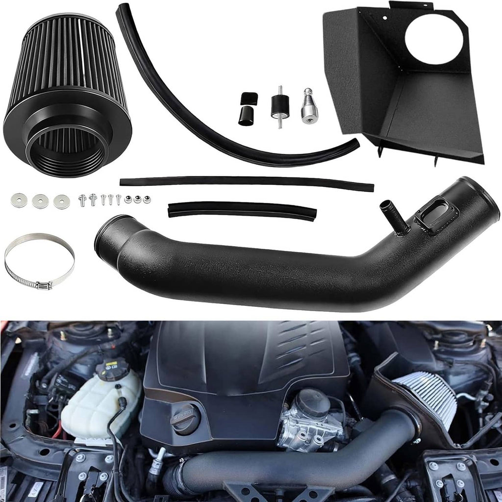 Cold air intake kit with black air filter, intake pipe, mounting panel, and hardware