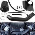 Cold air intake kit with black air filter, intake pipe, mounting panel, and hardware