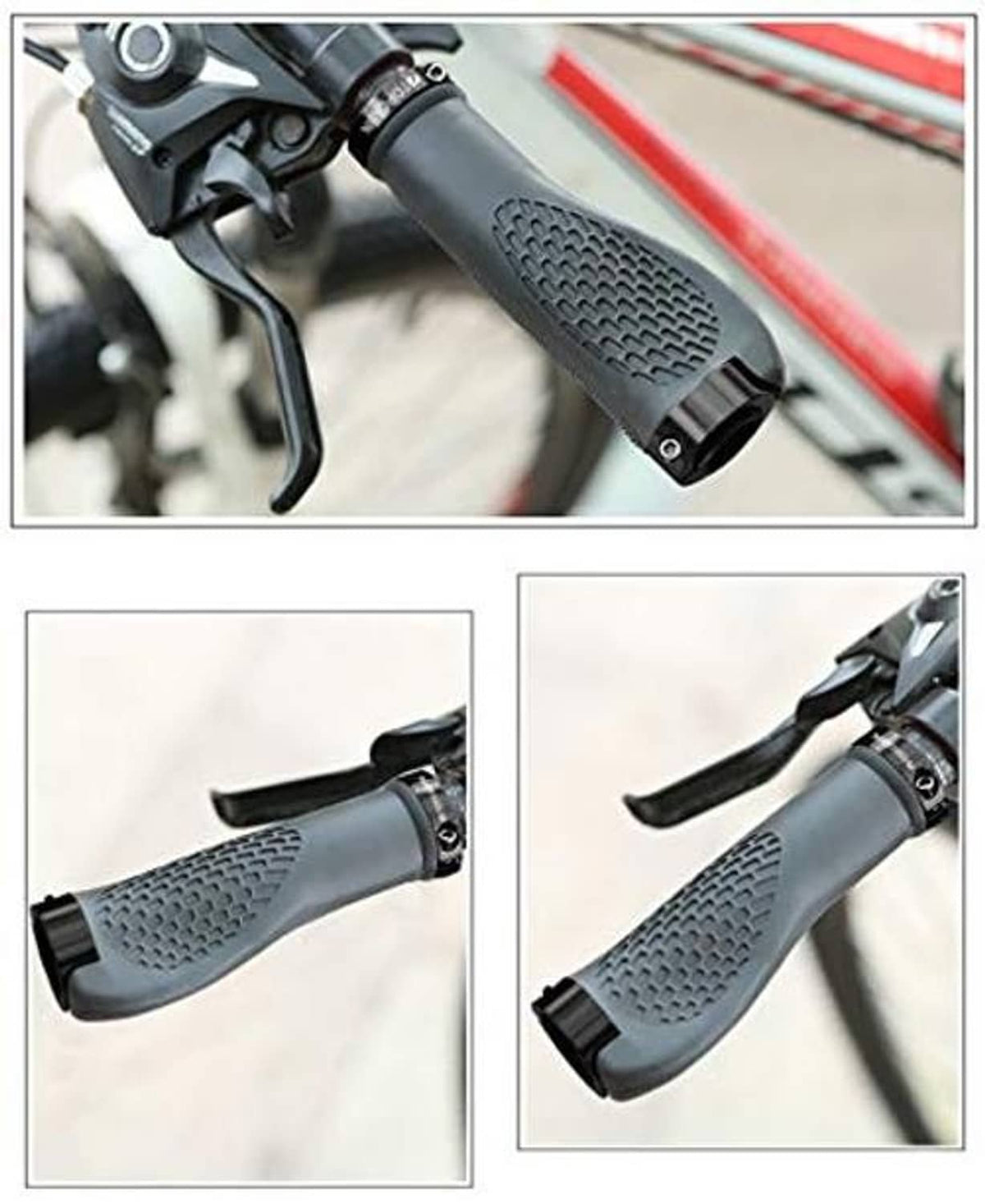 Installed black bike handlebar grips with raised anti-slip texture and end lock plugs
