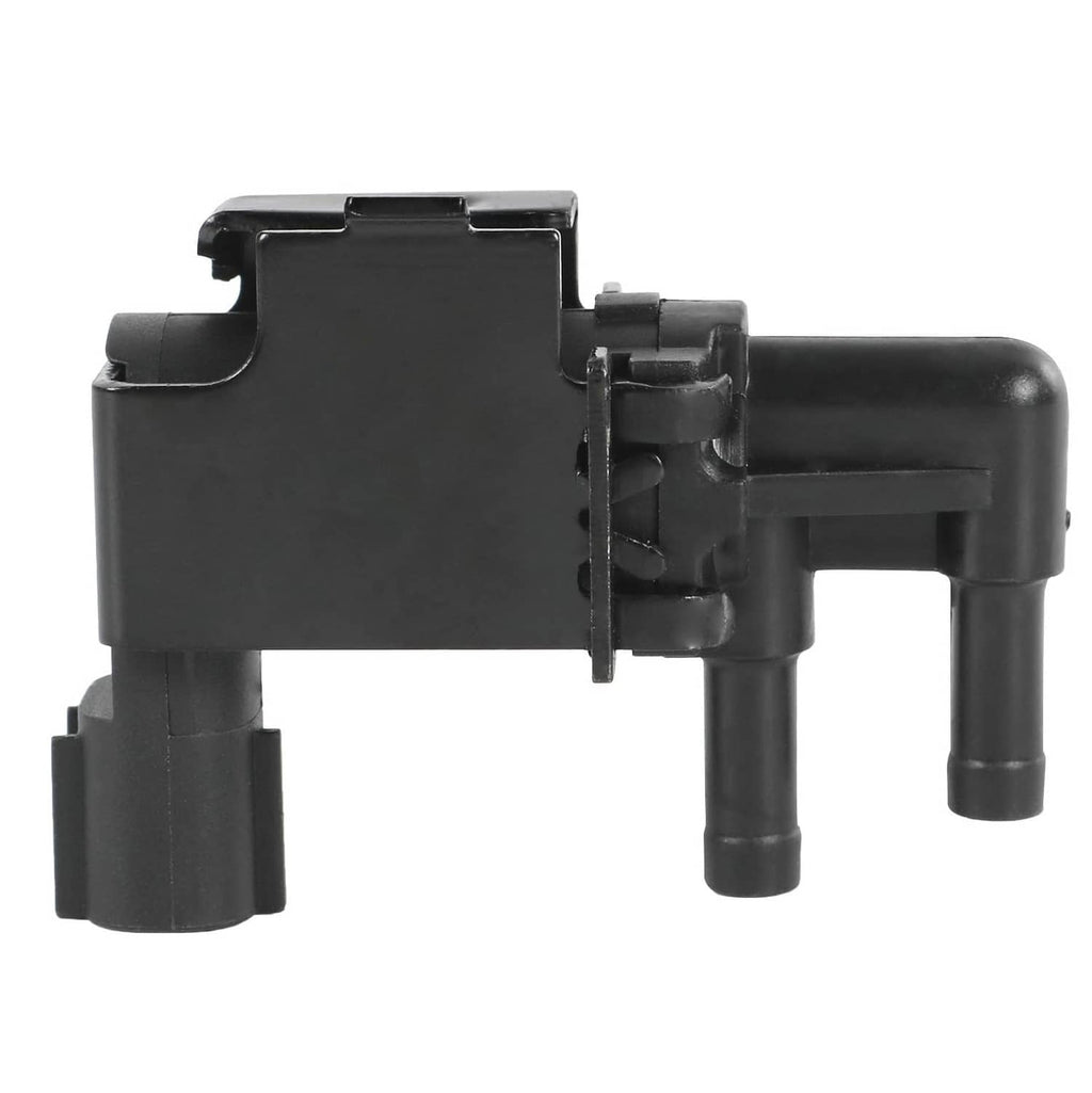Black vacuum valve solenoid with angled hose fittings and latch-style connector