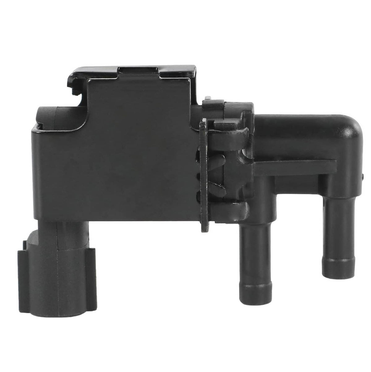 Black vacuum valve solenoid with angled hose fittings and latch-style connector