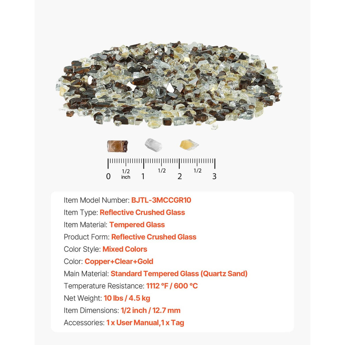 Mixed clear, copper, and gold glass rocks with small ruler for size reference