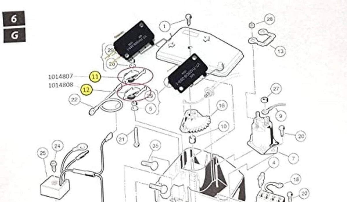 Golf cart micro switch parts diagram on white background with highlighted switch components