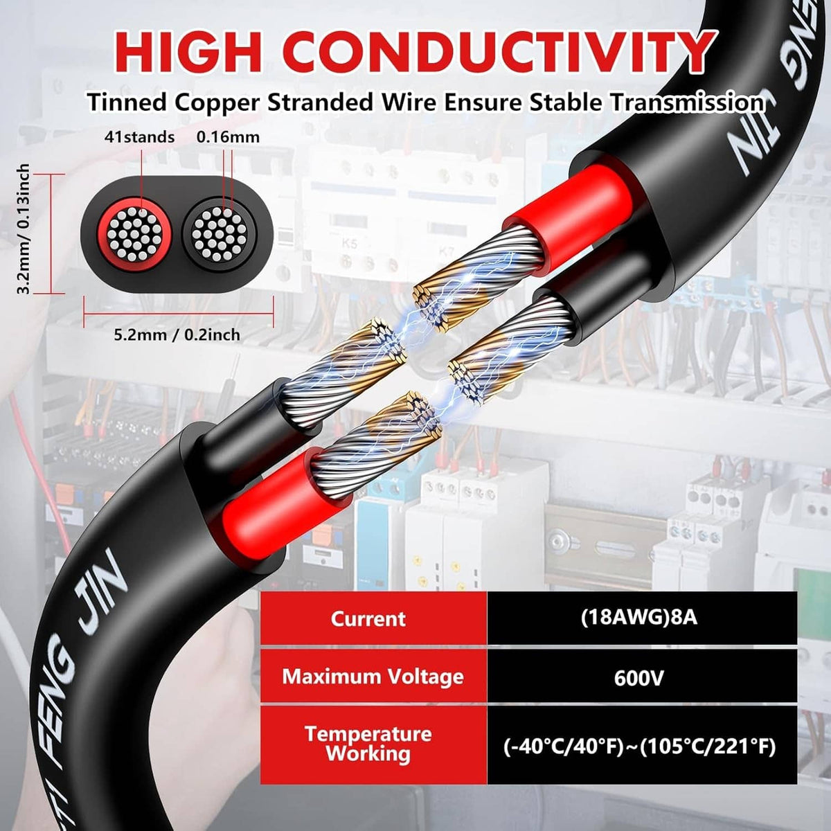 Two-conductor tinned copper stranded wire, black-and-red cable cross-section.