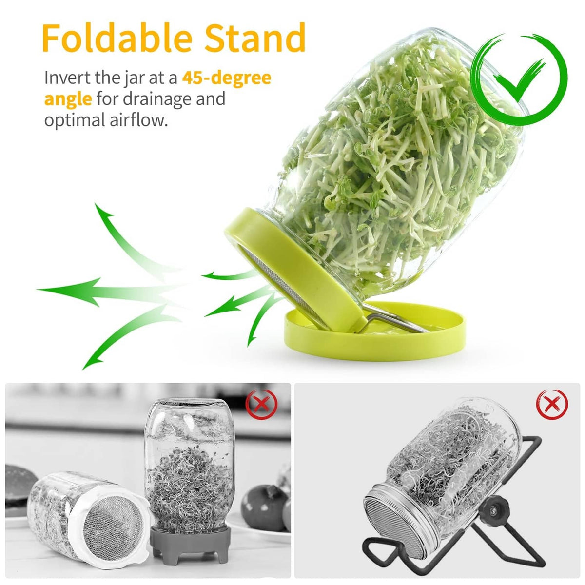 Foldable green sprouter stand that tilts sprout jars for draining and airflow