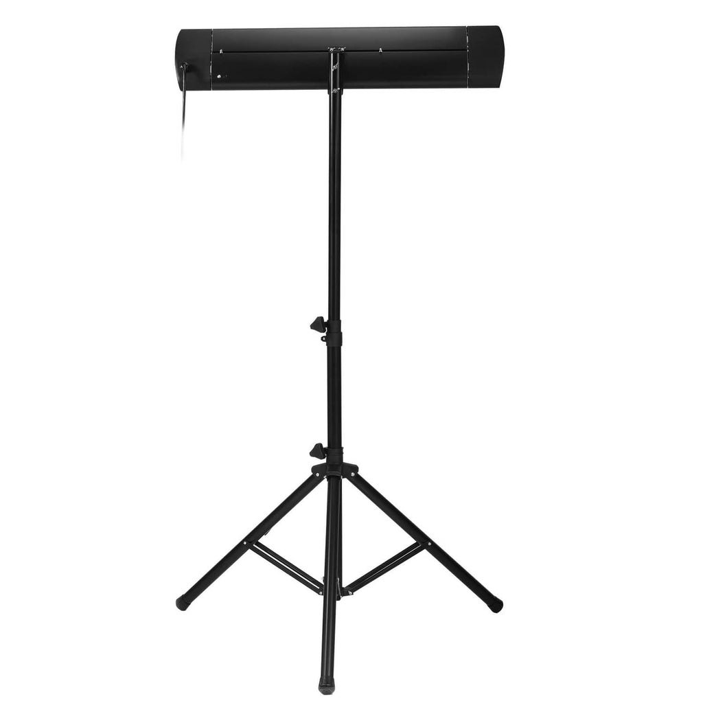 Black infrared space heater with heating lamp bar and tripod stand