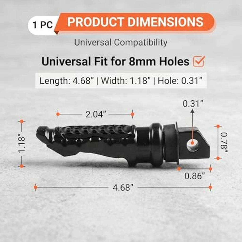 Motorcycle foot peg dimensions: 4.68 in length, 1.18 in width, 0.31 in hole