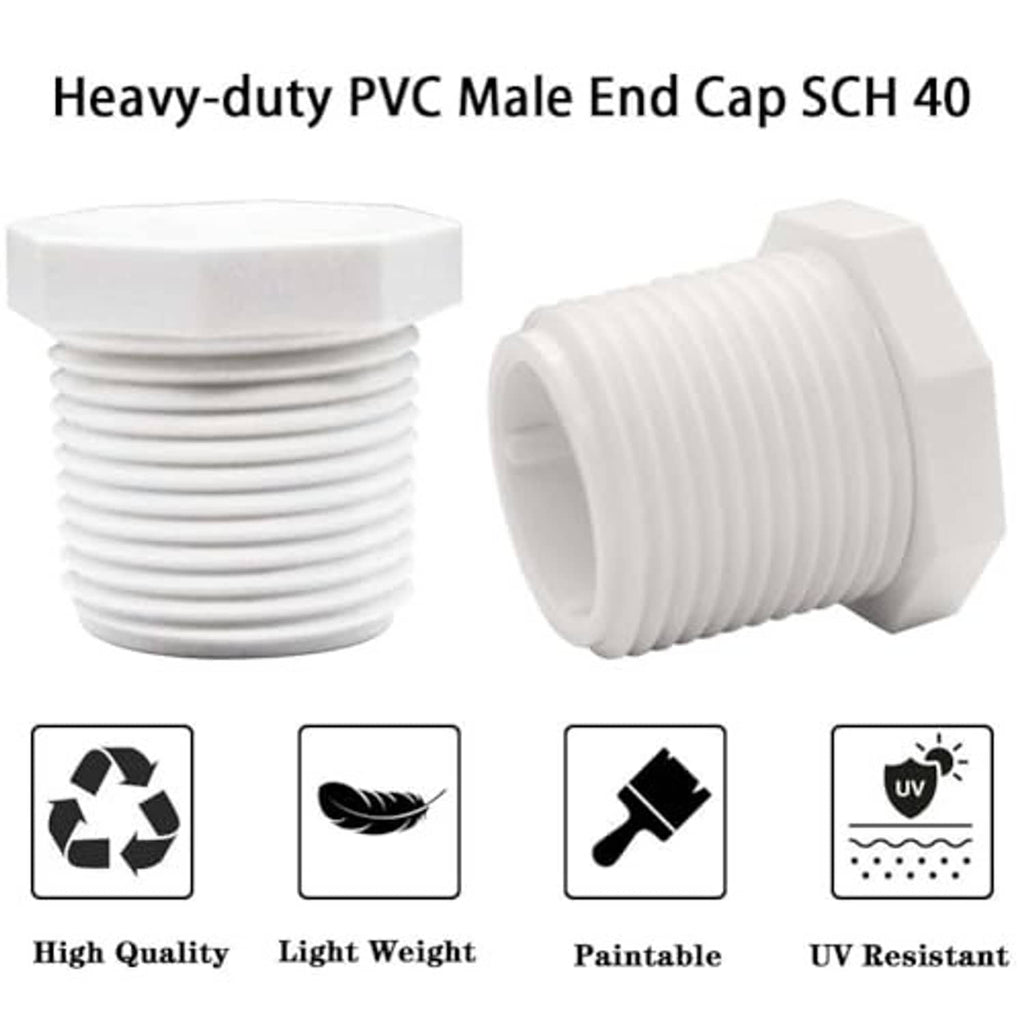 Pair of white PVC male threaded end cap plugs, hex head design with ridged threads