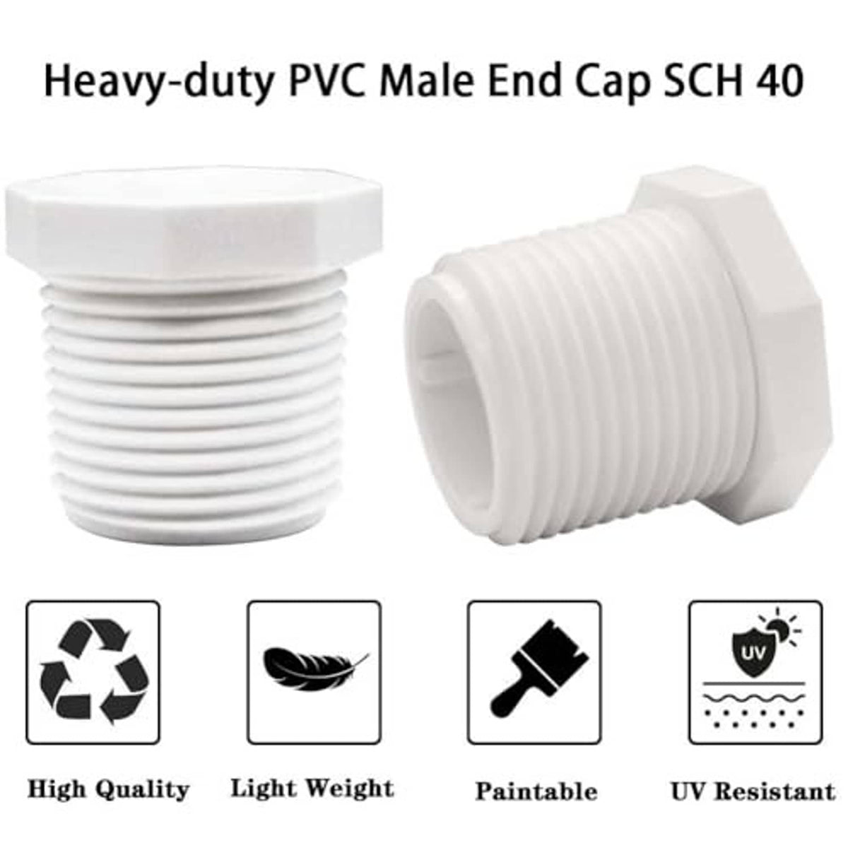 Pair of white PVC male threaded end cap plugs, hex head design with ridged threads