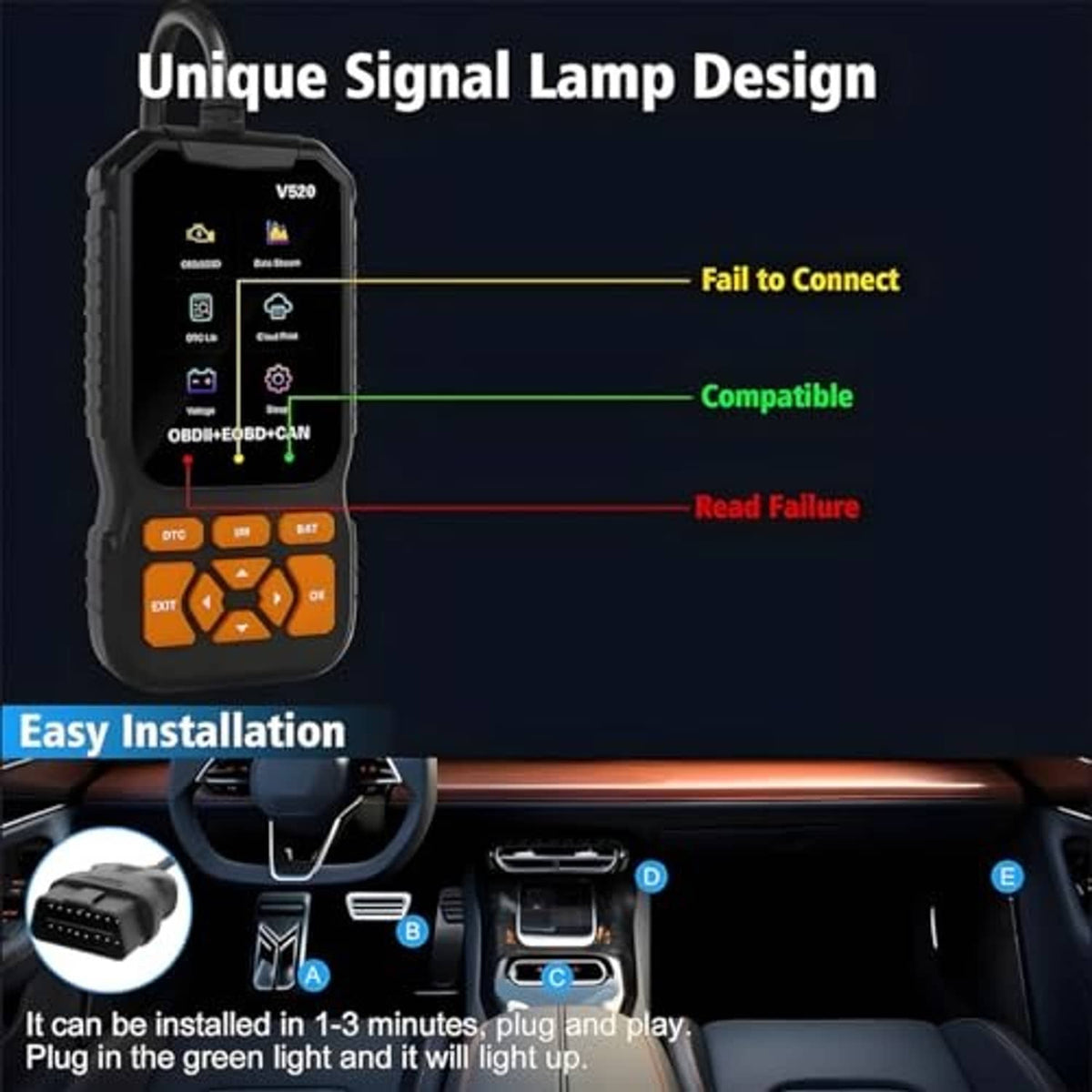 OBD2 diagnostic scanner with signal lamp indicators and cable shown in car interior