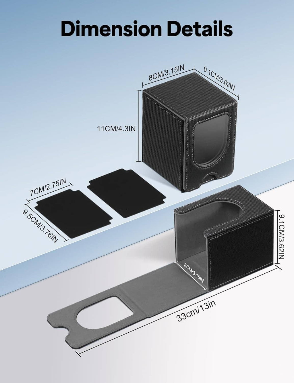 Black card deck box with size layout and U-shaped front slot for card access