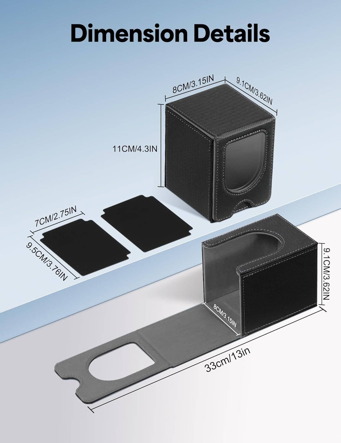 Black card deck box with size layout and U-shaped front slot for card access