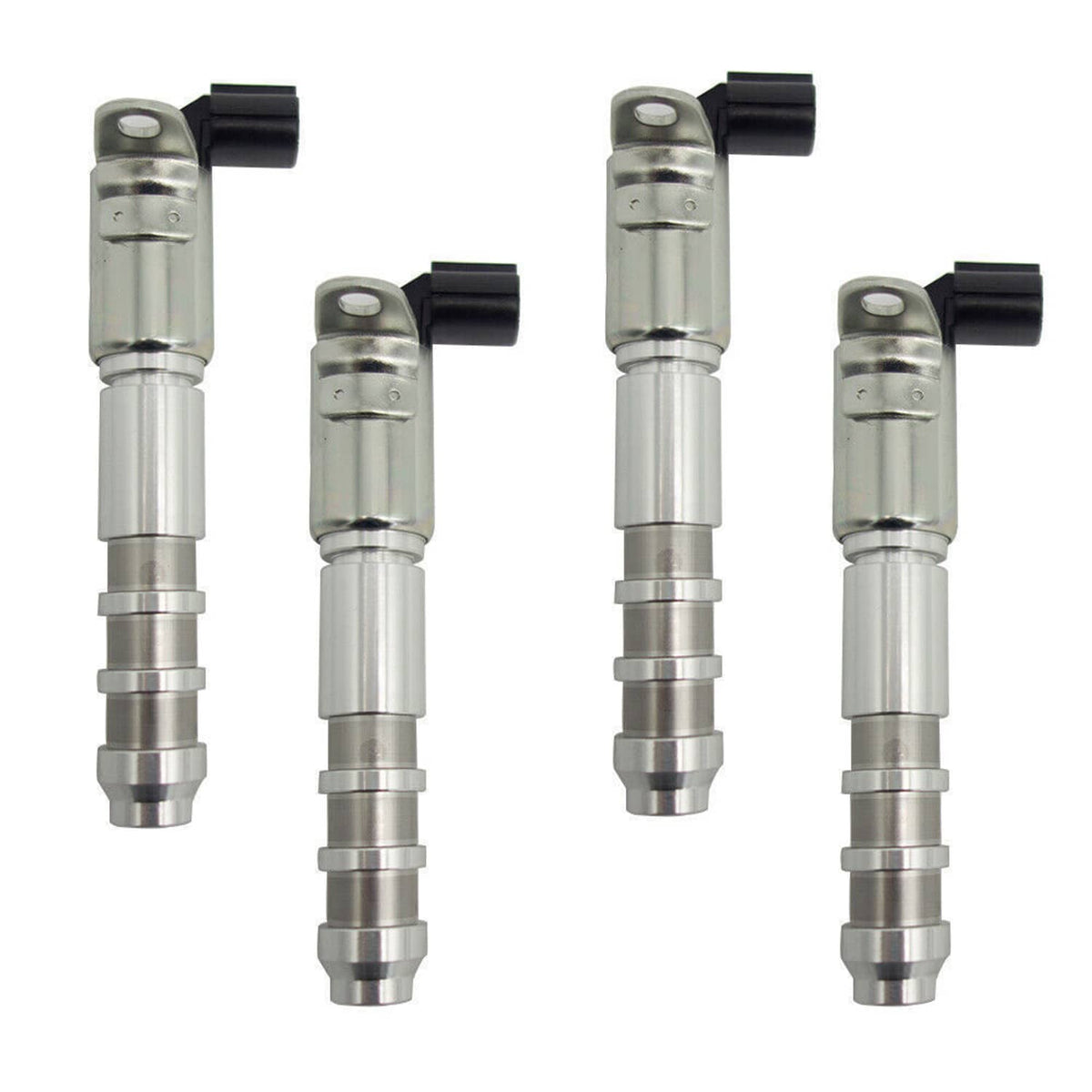 Four variable timing solenoids with silver housings and black electrical connector tops