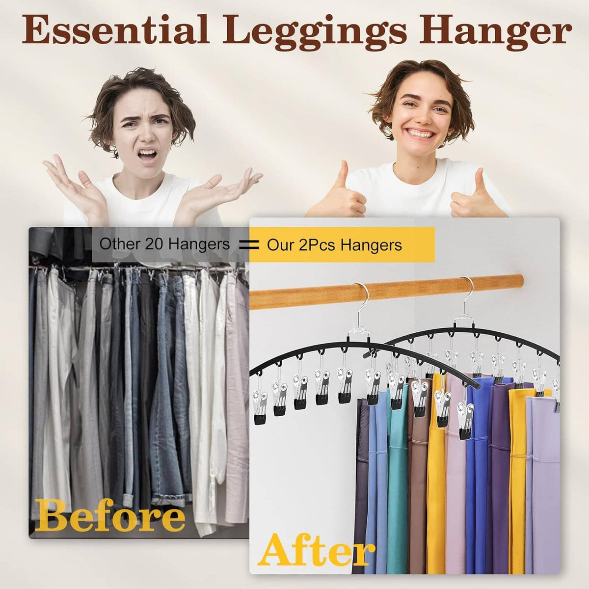 2-pack legging organizer with curved metal bar, clip-on hangers, and multiple slots