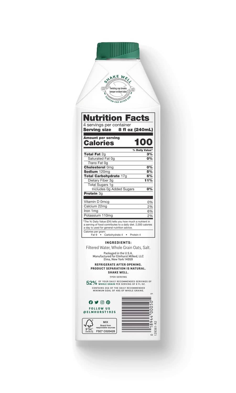 Unsweetened oat milk carton back with Nutrition Facts panel and ingredients list.