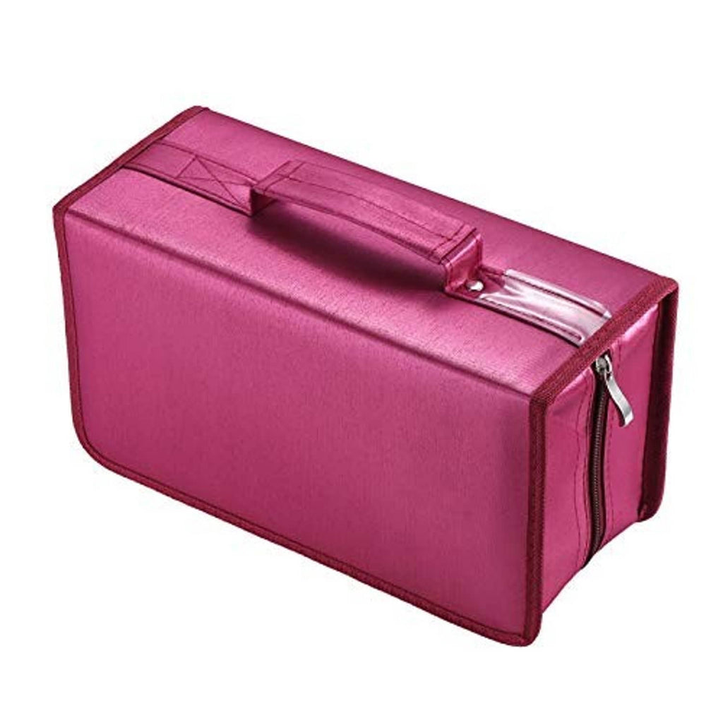 Magenta zippered disc organizer case with molded top panel and metal zipper pull.