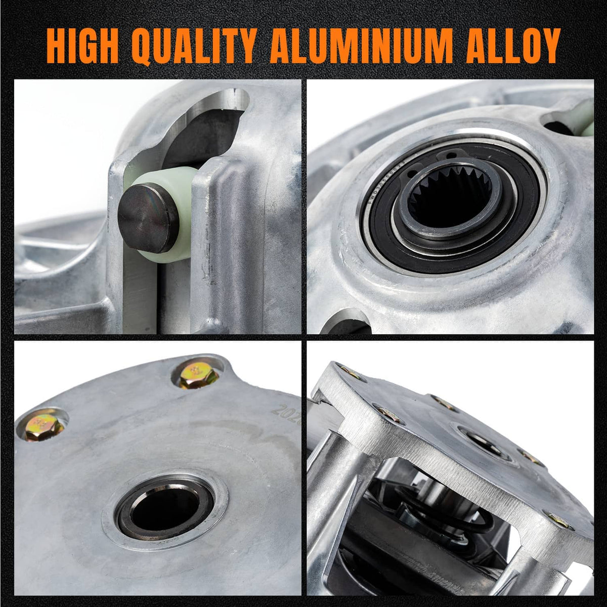 Aluminum clutch detail close-ups with bearing seal area, machined silver metal