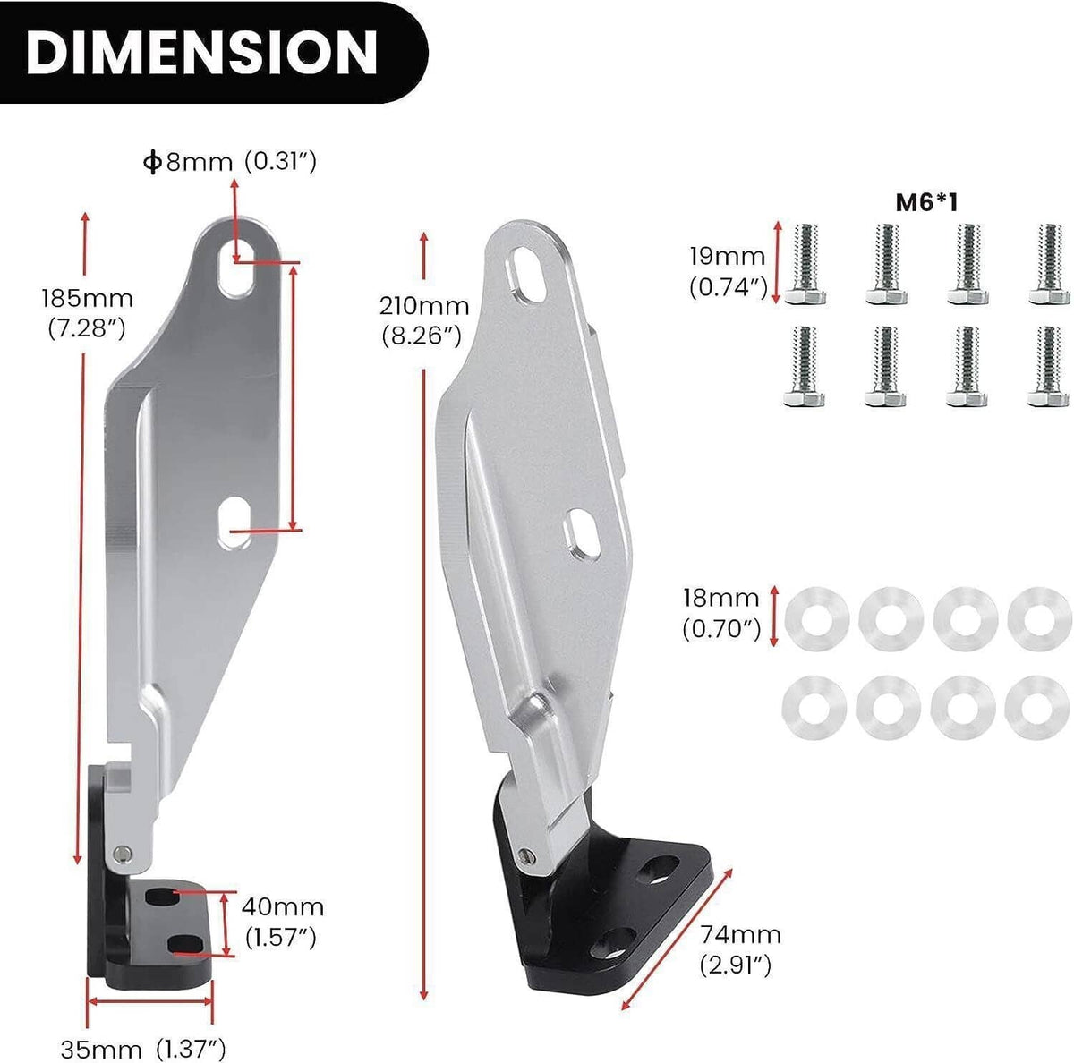 Aluminum hood hinge latch set dimensions with M6 bolts and washers included