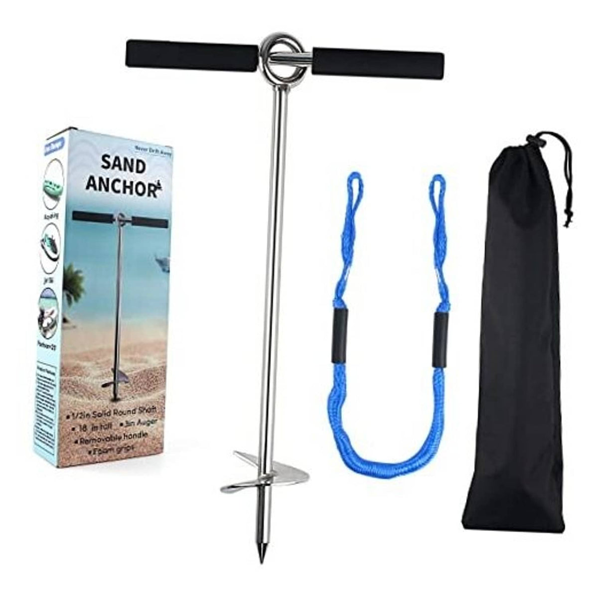 18-inch sand anchor with chrome auger, black cross handles, blue bungee line, storage bag