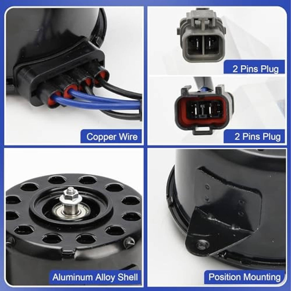 Radiator fan motor with copper wire, aluminum shell, and mounting position