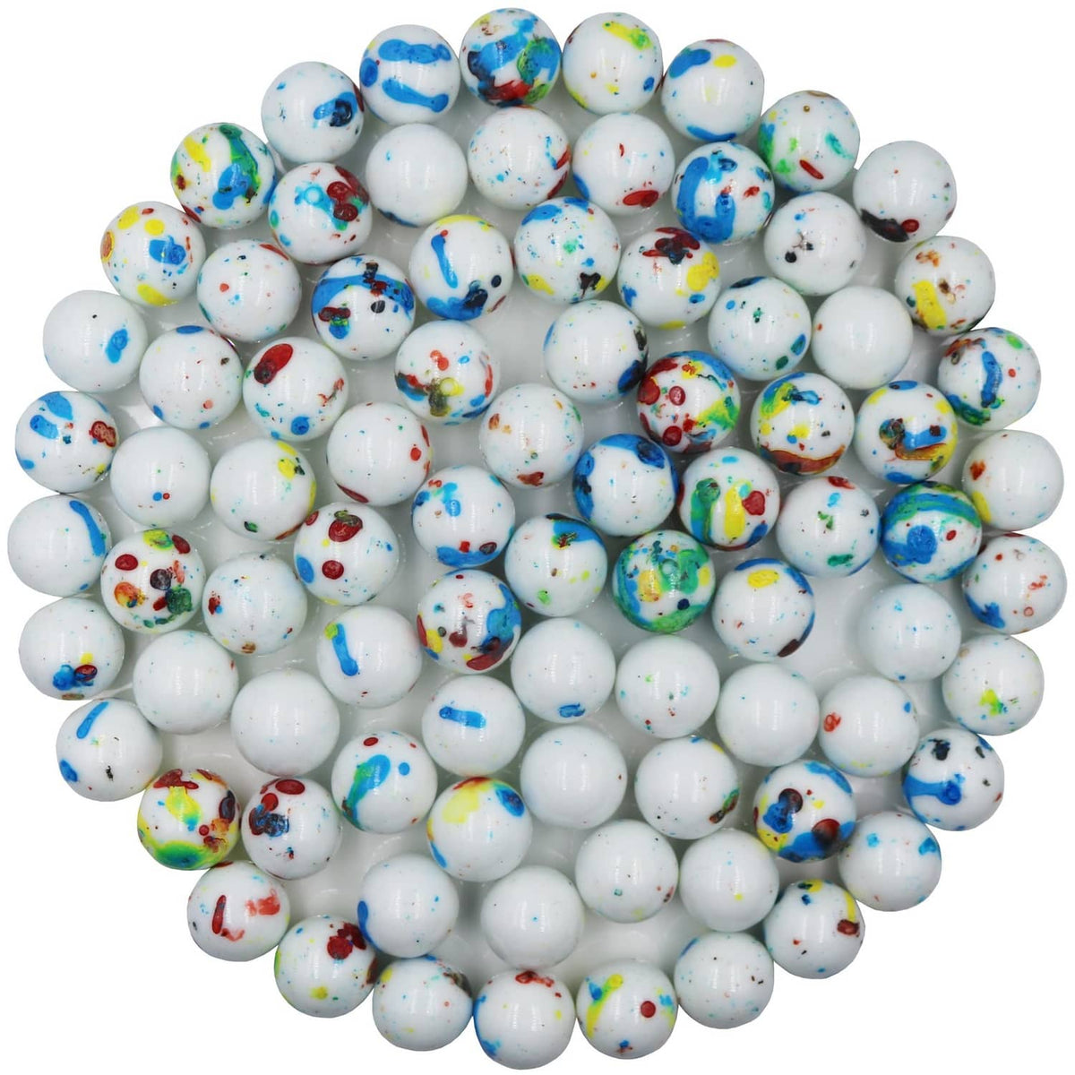 Assorted psychedelic jawbreakers: white round candies with blue, green, red speckled swirls