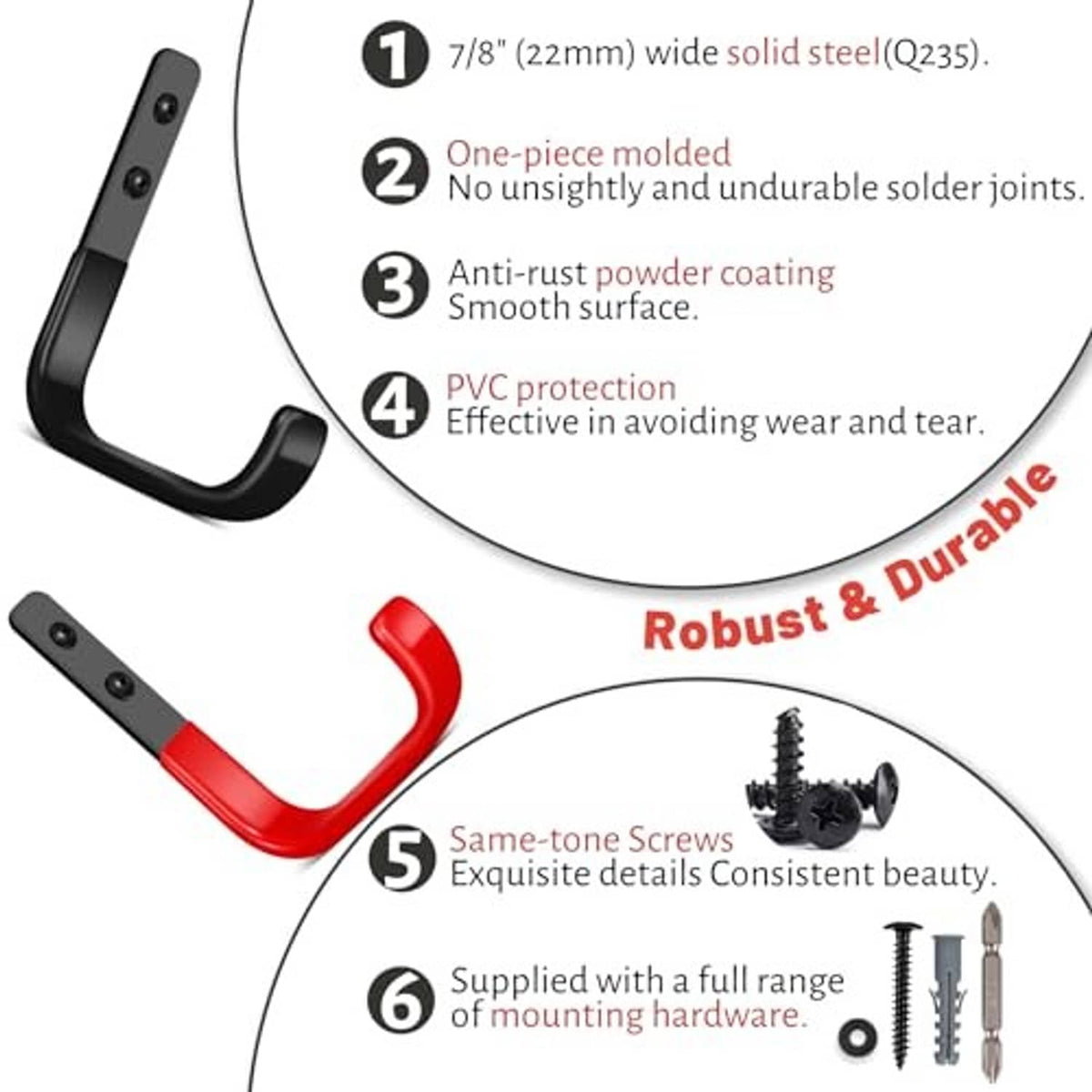 Black and red steel wall hook with anti-rust coating and mounting hardware callouts