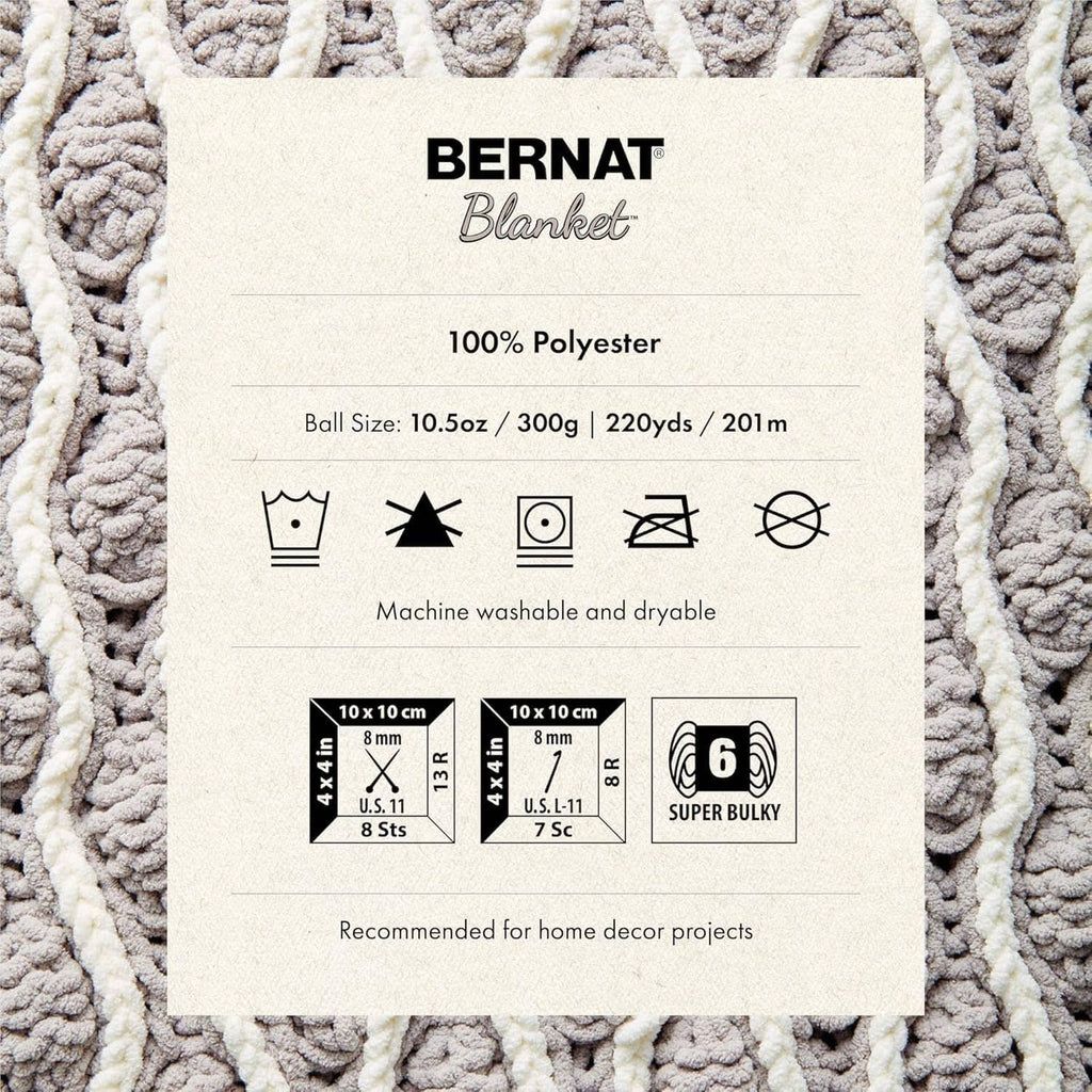 Bernat Blanket yarn label card showing 100% polyester and super bulky info