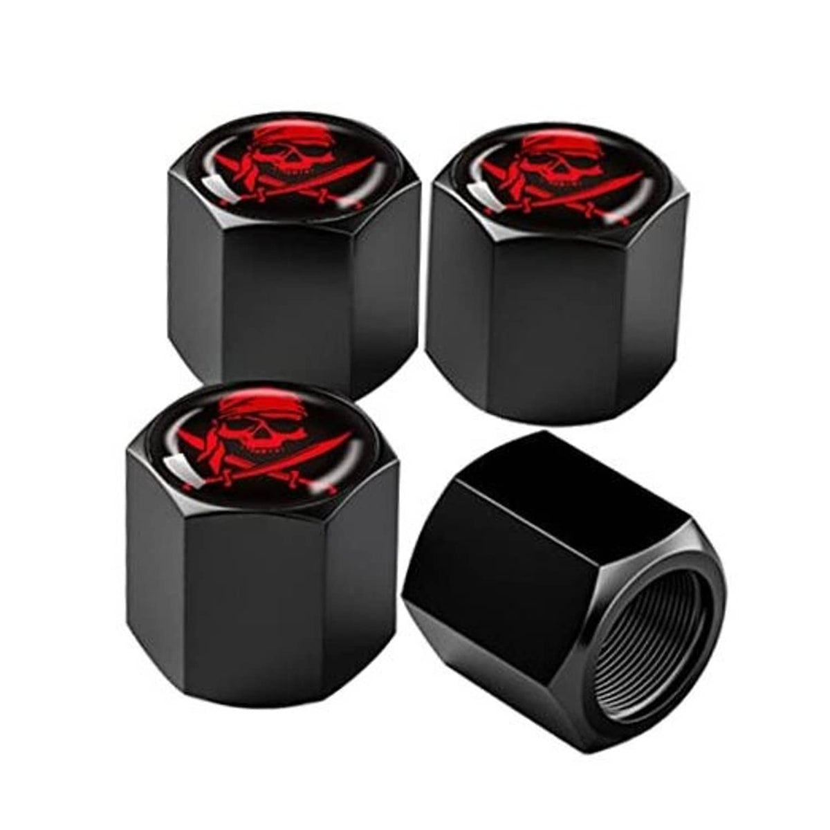 4-pack tire valve stem caps, black hex with red skull logos, airtight style