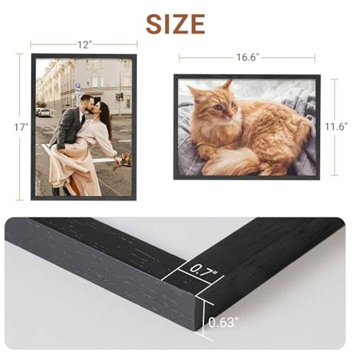 12x17 black picture frame size diagram with side depth and corner molding