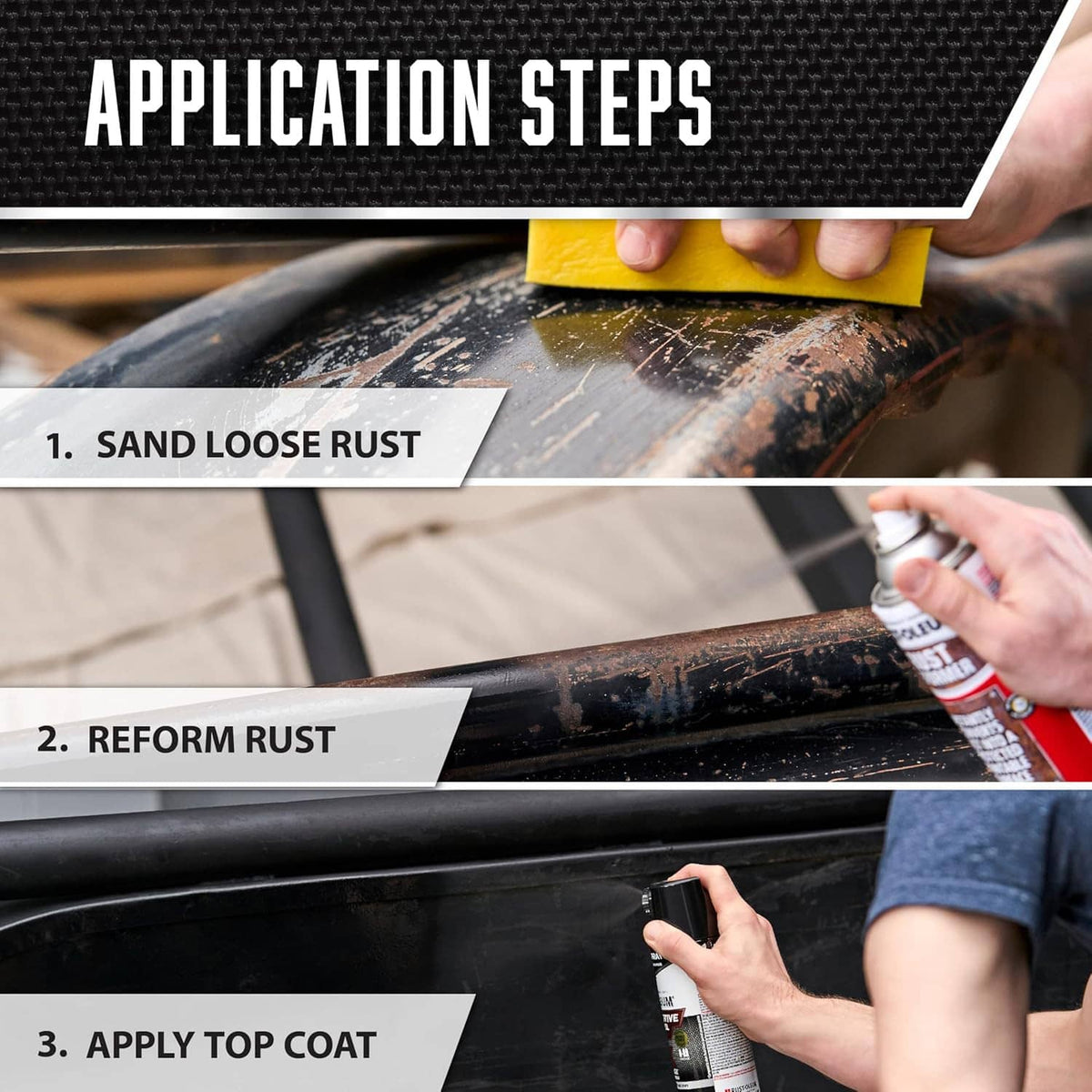 Application steps showing sanding, reforming rust, then applying top coat with spray can