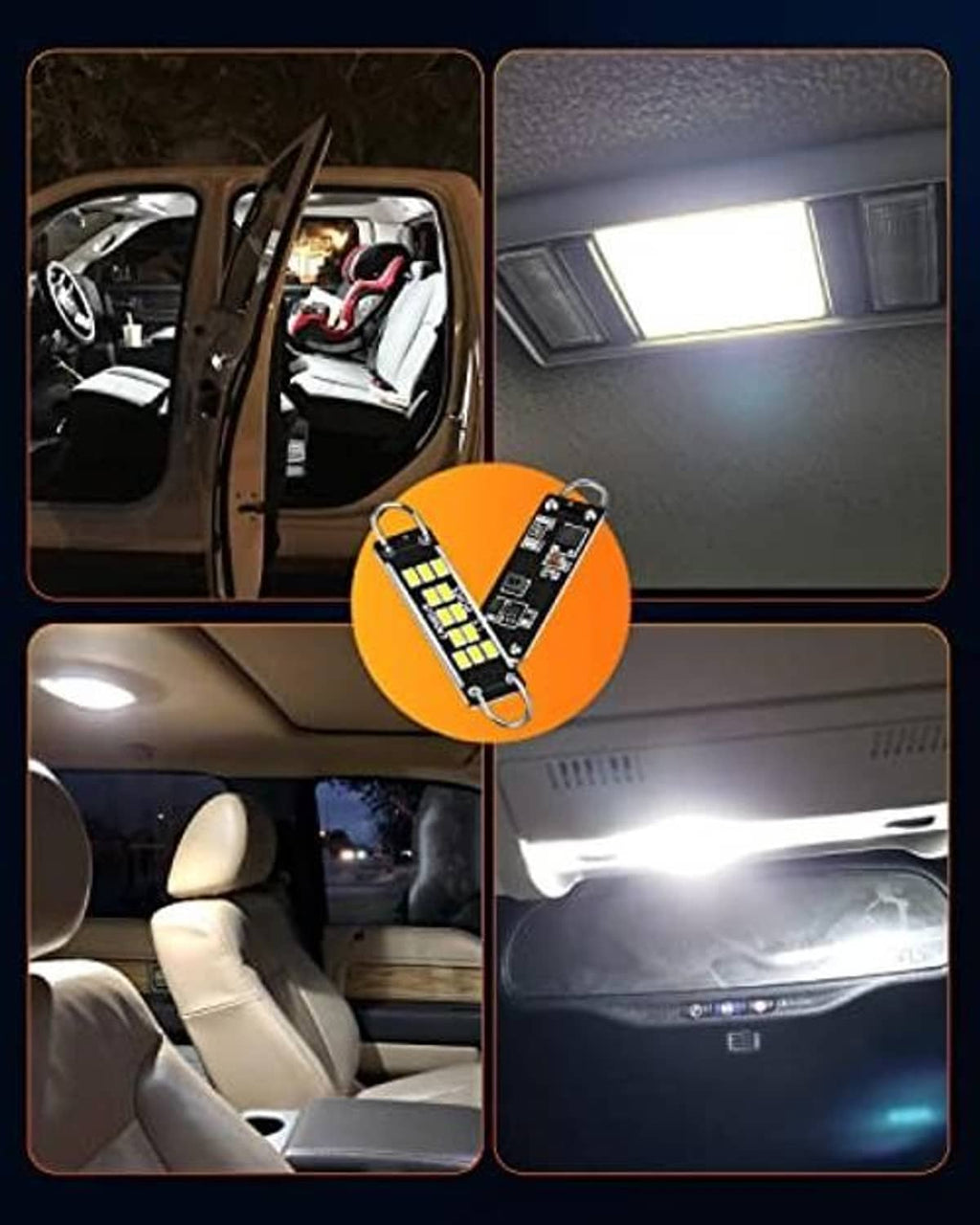 LED dome light bulbs installed in car ceiling, bright white lighting shown