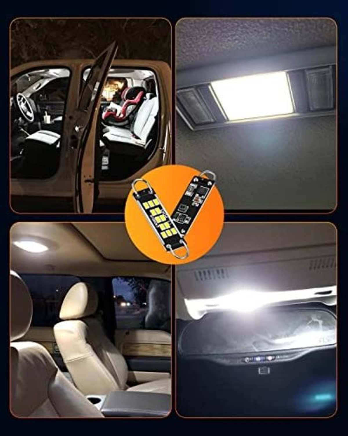 LED dome light bulbs installed in car ceiling, bright white lighting shown